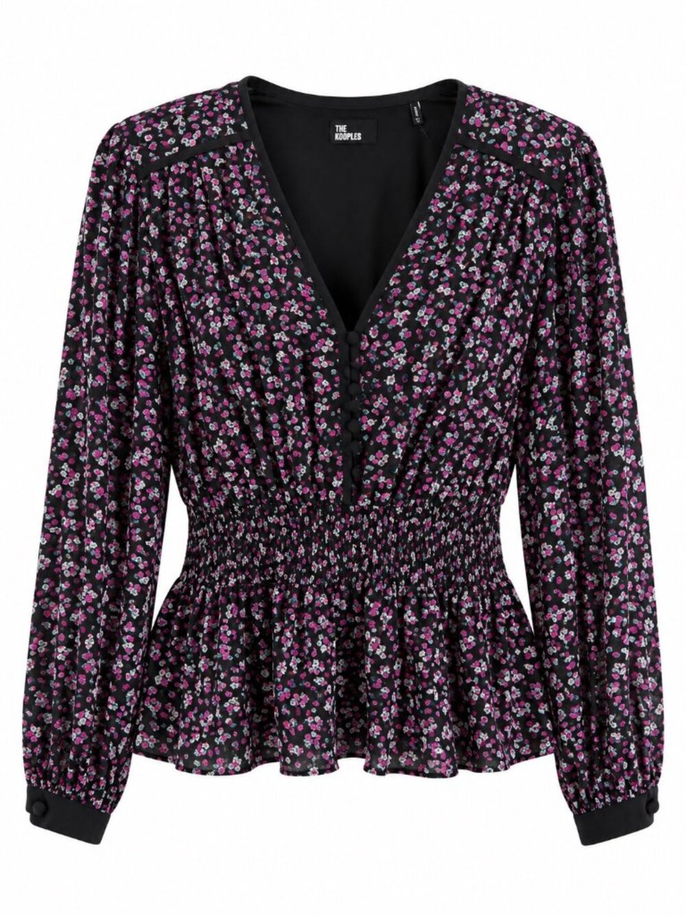 The Kooples Black Floral Smocked V-Neck Button-Front Long-Sleeve Blouse Size 1 L